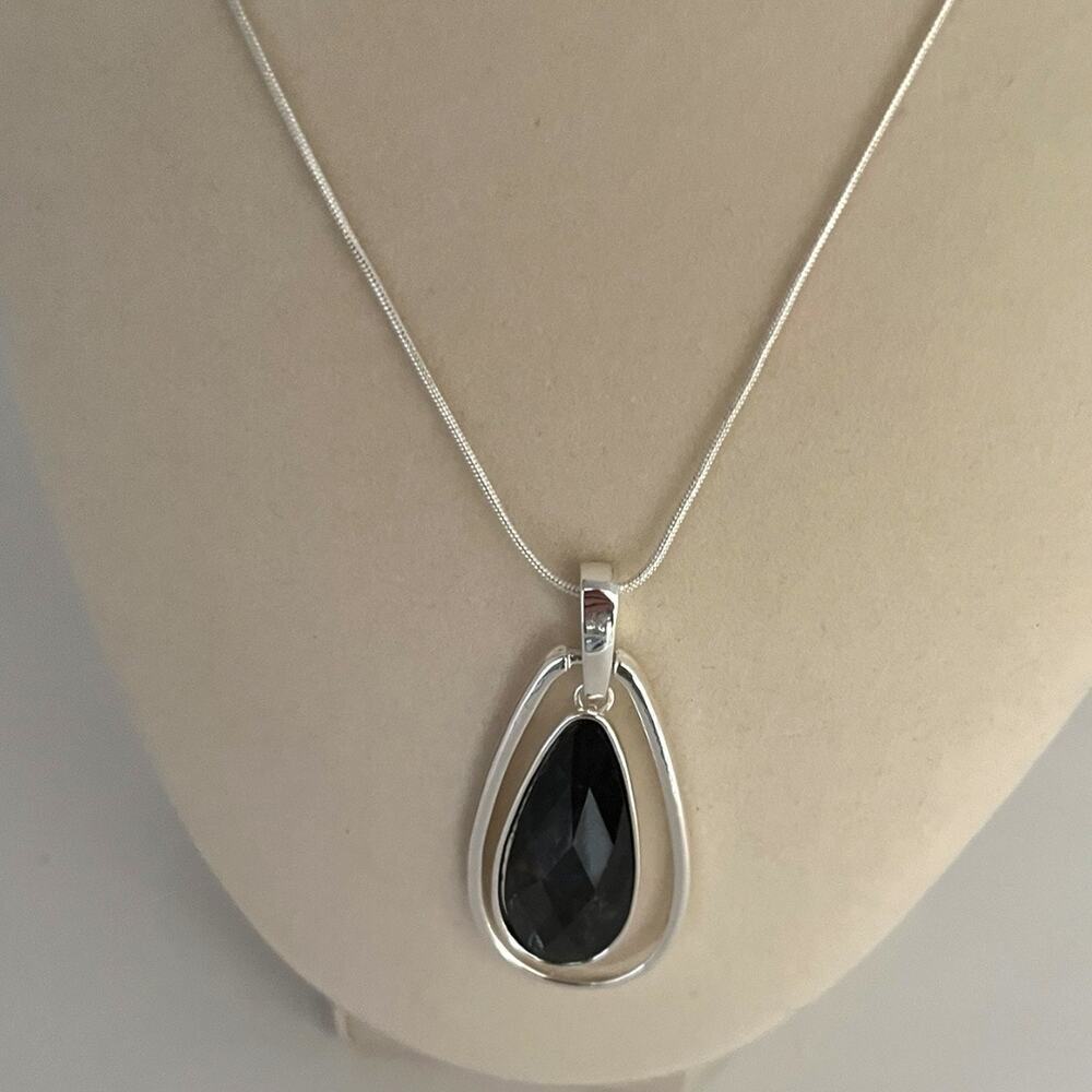 Silver Tone Teardrop Pendant Necklace 36” Long Midnight Blue Faceted Stone NWT